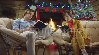 长头发的英<strong>俊男</strong>女在圣诞节读书